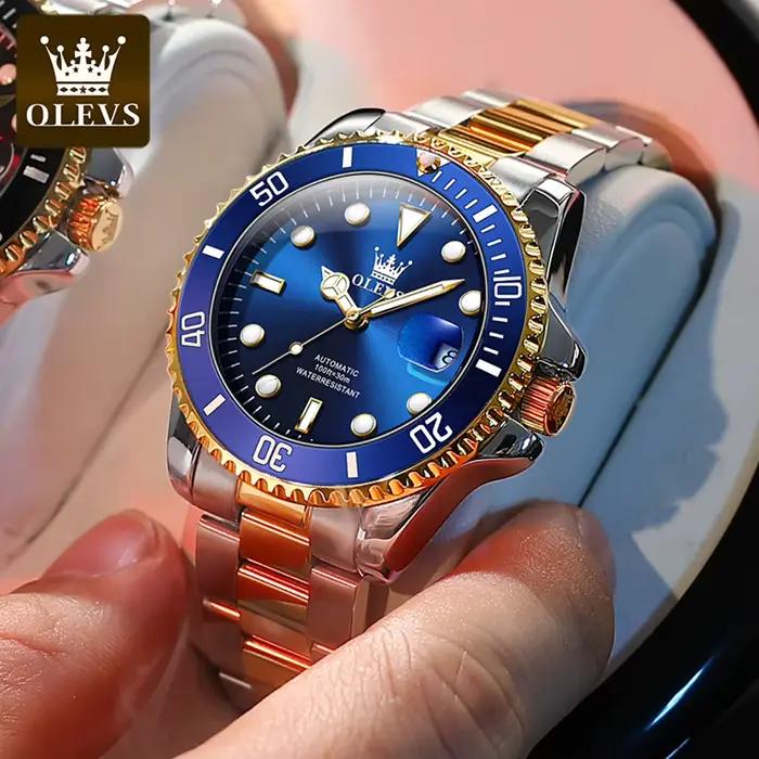 Montre automatique OLEVS en acier inoxydable avec zircon lumineux pour hommes, résistante à l'eau et intemporelle pour diverses occasions