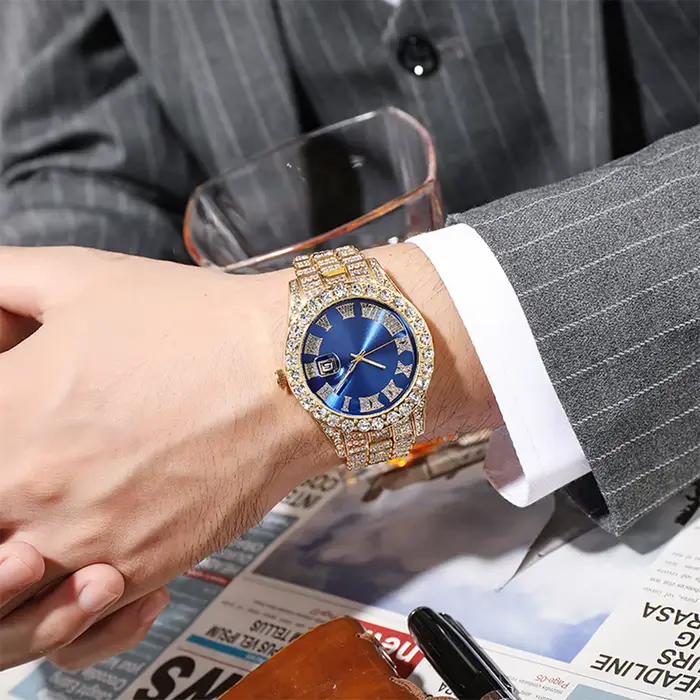 Hip Hop luxe hommes calendrier montre en acier inoxydable couleur or glacé pavé strass montre-bracelet Reloj Hombre
