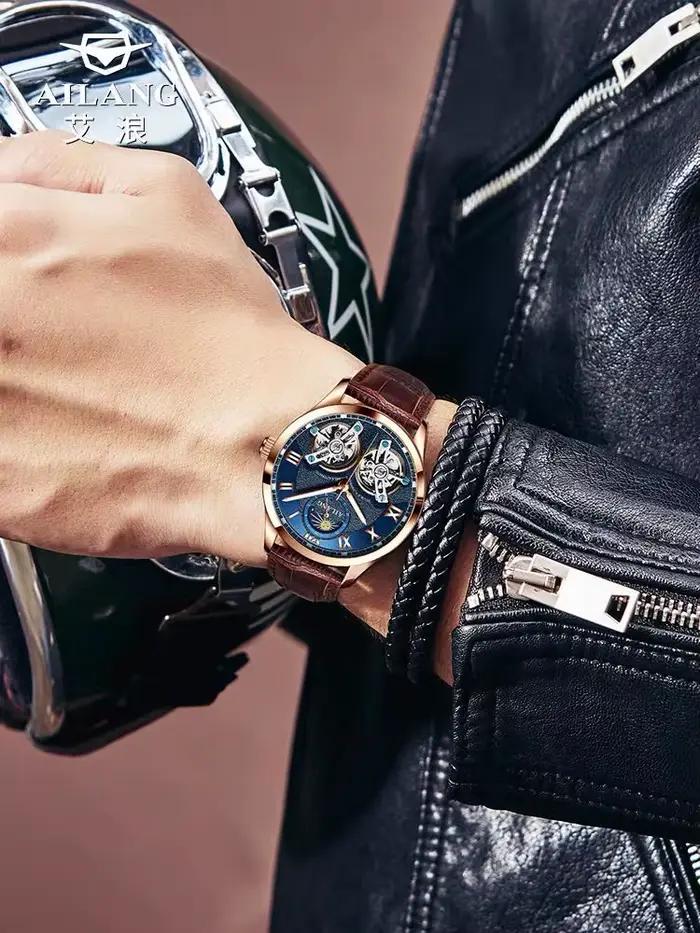 Ailang montre pour hommes double volant 2020new cuir mode acier inoxydable automatique phase de lune célèbre