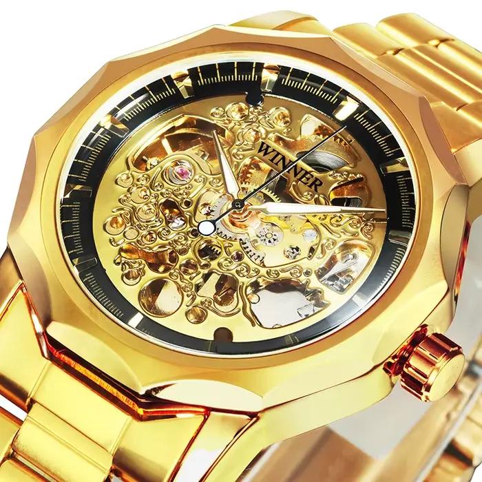 Montre automatique squelette doré pour hommes