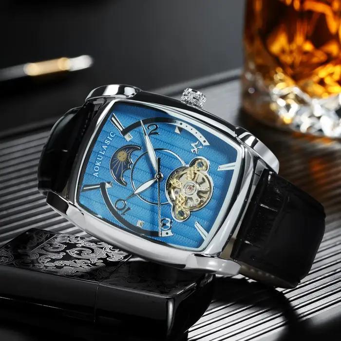 Tonneau Phase de lune montre automatique pour hommes marque de luxe Tourbillon squelette montres mécaniques ceinture en cuir aiguilles lumineuses horloge