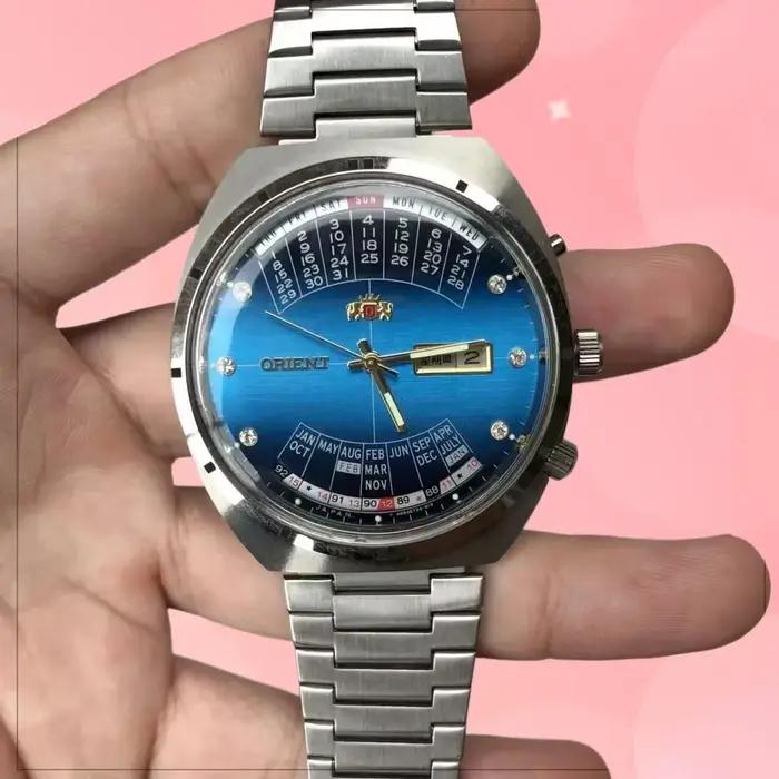 Montre mécanique sportive orient multifonction homme résistance à l'eau cadran grand ultra fin heure mondiale calendrier perpétuel