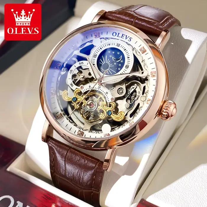 OLEVS Phase de lune montre mécanique hommes avec étanche automatique squelette