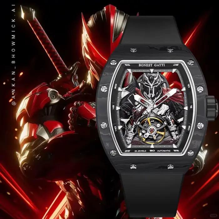 Montre homme Bonest Gatti en fibre de carbone avec mouvement automatique, tourbillon, squelette, résistance à l'eau, bracelet en caoutchouc pour occasions spéciales
