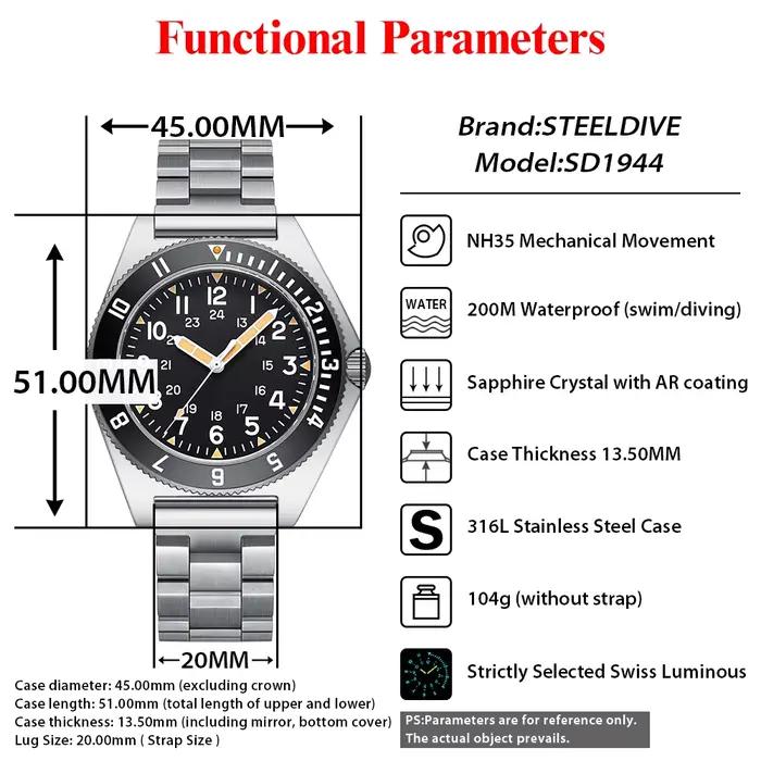 Montre STEELDIVE SD1944 en acier inoxydable avec lunette en céramique pour plongeurs, résistante à l'eau jusqu'à 20 bars, idéale pour les amateurs de sports nautiques et les explorateurs de l'océan