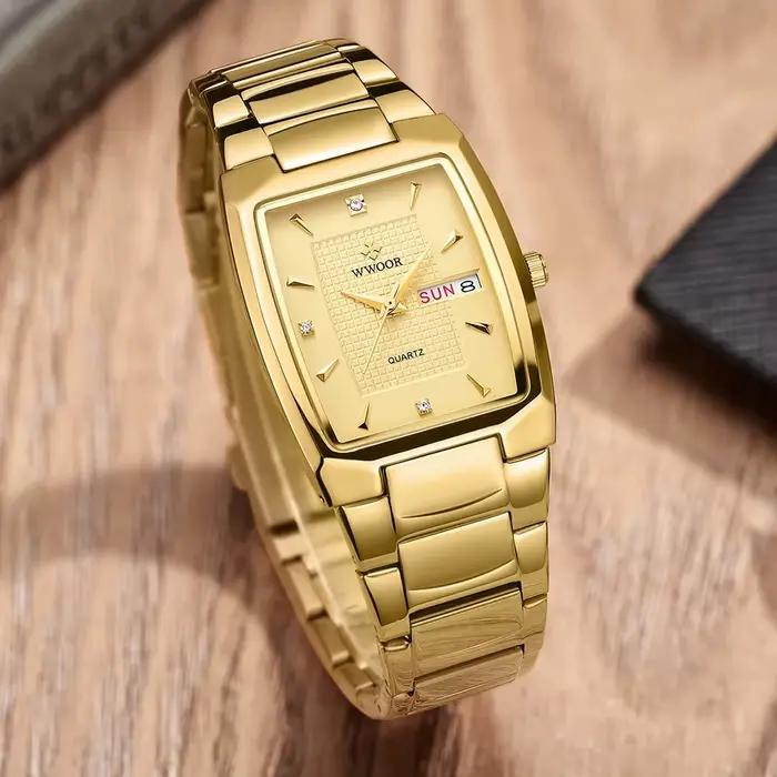 WWOOR 2024 nouvelle montre carrée hommes avec Date de la semaine automatique de luxe en acier inoxydable or