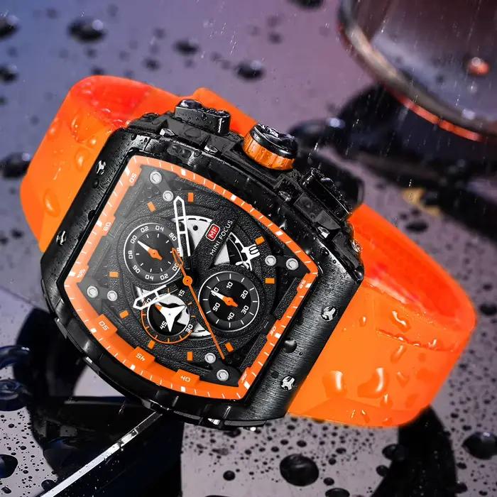 MINI FOCUS chronographe montre à Quartz pour hommes cadran Tonneau montre-bracelet de Sport militaire mâle avec bracelet en Silicone Orange Date automatique