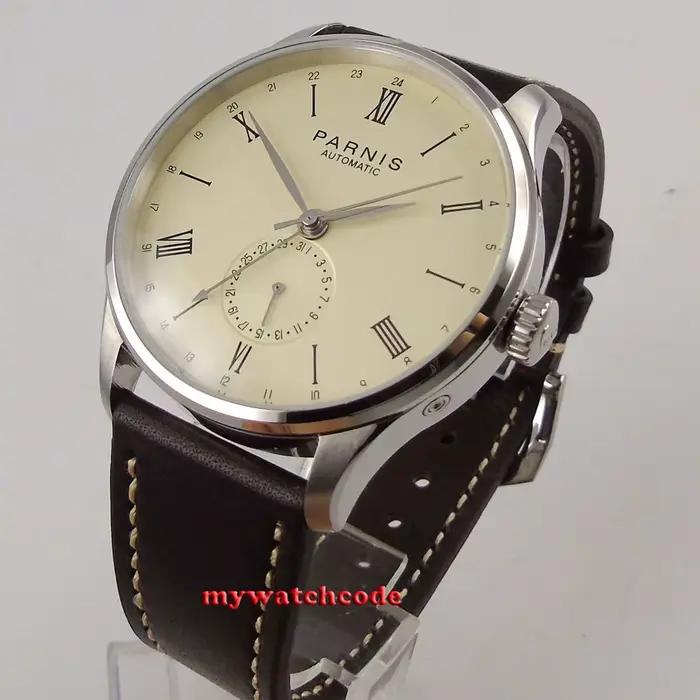 42mm Parnis 0ff-cadran blanc 24 heures fonction GMT ST 1690 mouvement automatique montre pour hommes Relogio Masculino verre arrière