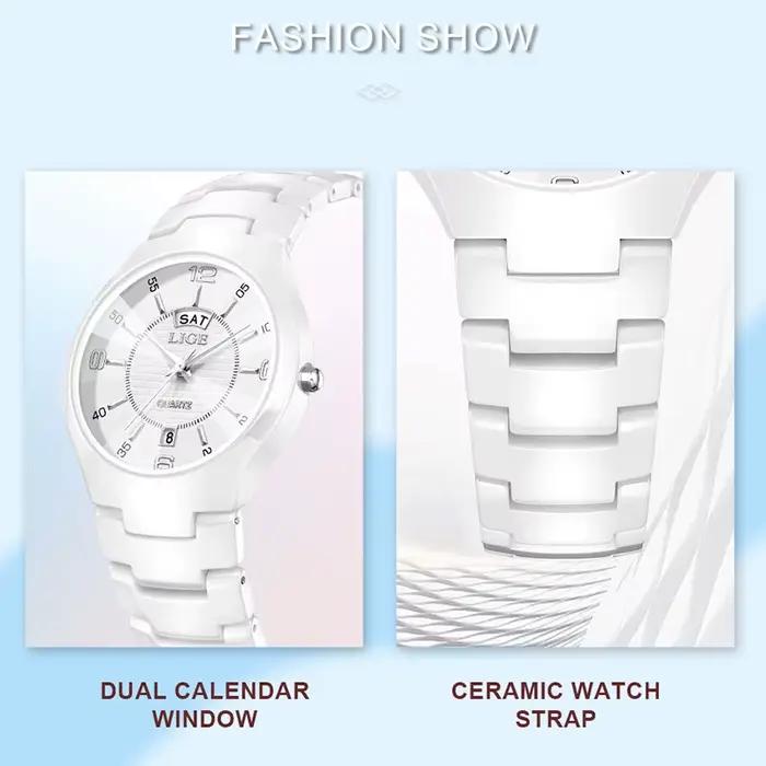 Montre élégante en céramique pour femmes avec affichage de la semaine et résistance à l'eau pour toutes les occasions