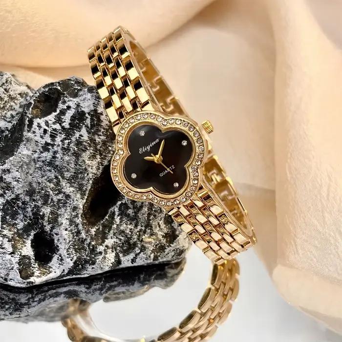 Montre vintage en or avec trèfle délicat pour femmes, verre convexe