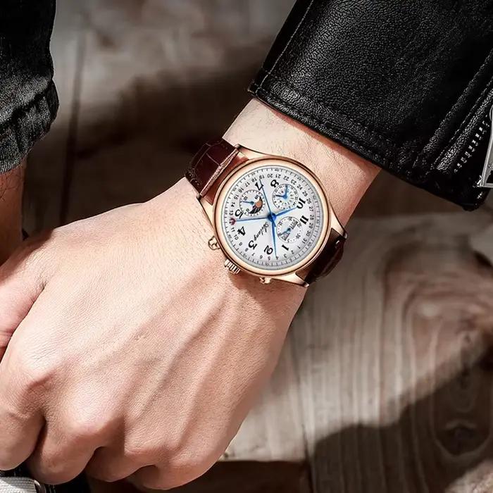 Montres mécaniques rétro Daniel Gorman avec fonction lune, mouvement automatique, boîtier en or rose et bracelet en cuir pour hommes occassions spéciales