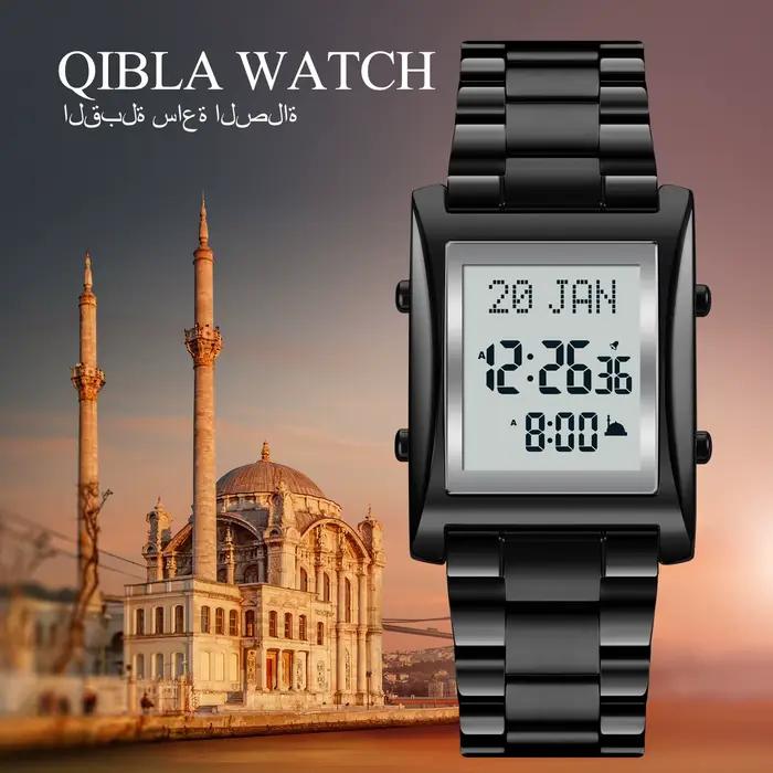 Montre Azan avec boussole Qibla et calendrier Hijri pour homme, montre numérique résistante à l'eau avec fonctionnalités de prière et suivi lunaire