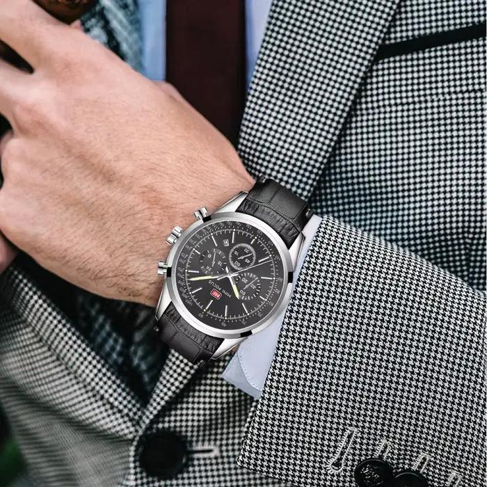 Montres MINI FOCUS pour hommes bracelet en cuir véritable avec chronographe et affichage de la date montre-bracelet sport étanche cadeau pour homme occassions spéciales