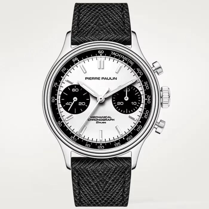 PIERRE PAULIN rétro années 70 Vintage Panda Style chronographe mécanique hommes complicé 38MM bleu luxe classique montre-bracelet