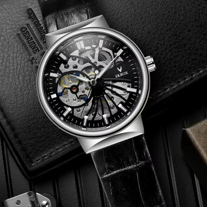 Montre mécanique SKROX élégante pour homme, avec mouvement ventilé manuel, résistance à l'eau, et finition en acier inoxydable et cuir, pour toutes occasions