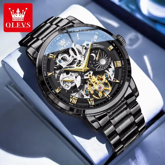 Montre OLEVS 6670 Squelette Luxe Mécanique Phase de Lune Acier Inoxydable Pour Hommes Occasions Spéciales