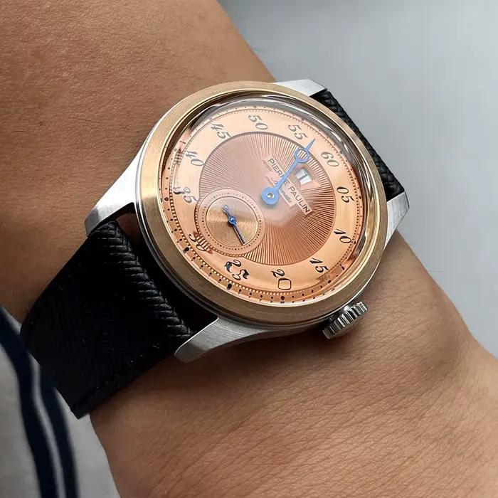 Pierre Paulin montre d'heure sautante pour hommes anneau en Bronze Vintage cadran saumon montres automatiques Reloj Hombre