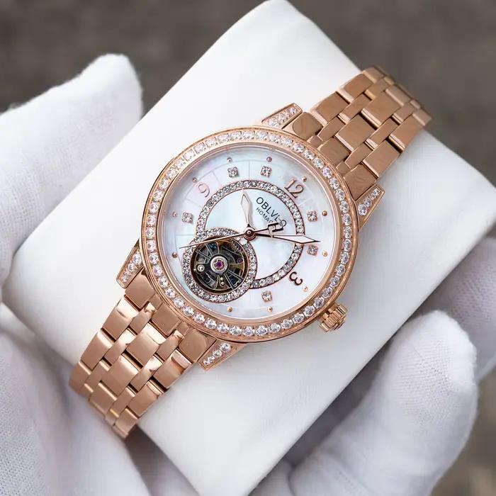 Montre automatique OBLVLO avec tourbillon et affichage lumineux pour femmes occasions spéciales et style élégant