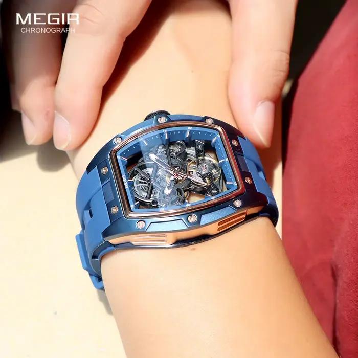 MEGIR 2242 montre automatique bleue pour hommes Sport montre-bracelet mécanique étanche en acier inoxydable avec bracelet en Silicone cadran squelette