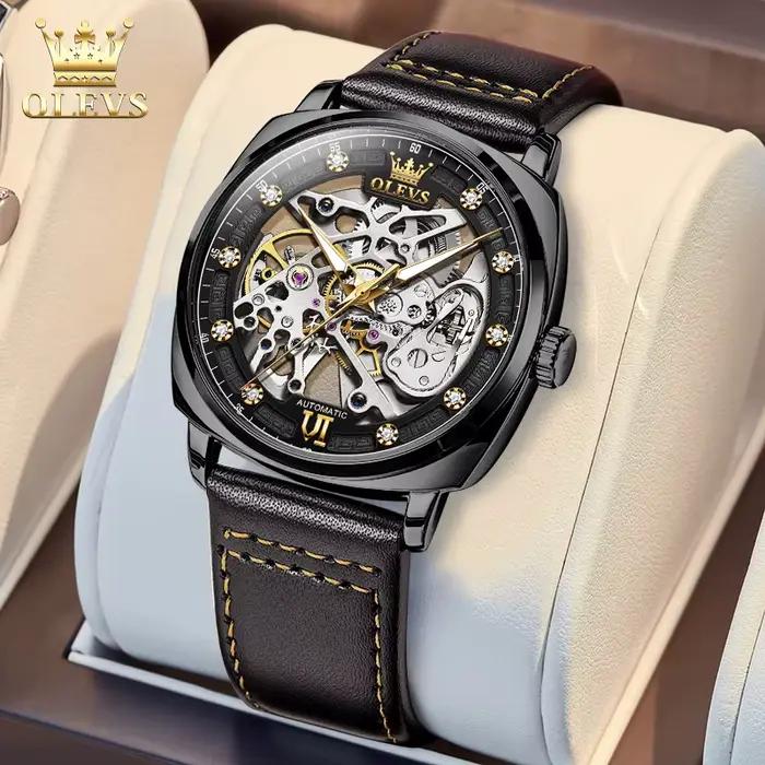 OLEVS 6651 montre automatique pour hommes bracelet en cuir entièrement creux montre-bracelet homme