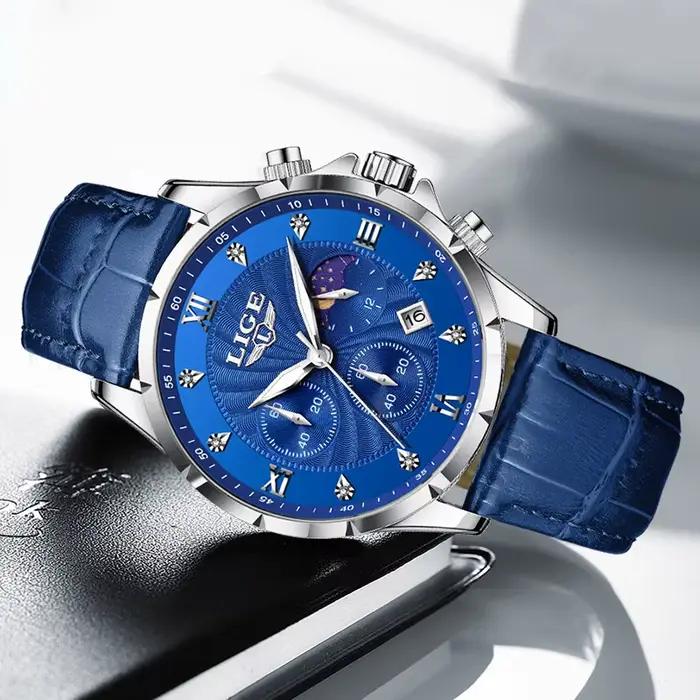 LIGE montre en cuir bleu hommes mode affaires montres militaires