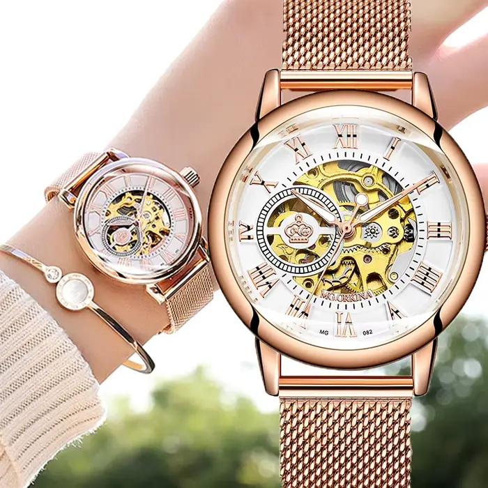 ORKINA marque de luxe squelette conception étanche automatique mécanique en acier inoxydable maille bracelet or Rose montre-bracelet pour les femmes