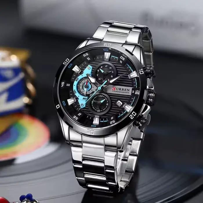 Montre Curren 8402 en Acier Inoxydable Design Créatif Cadran Lumineux Chronographe Montre Luxe Homme Occasions Spéciales
