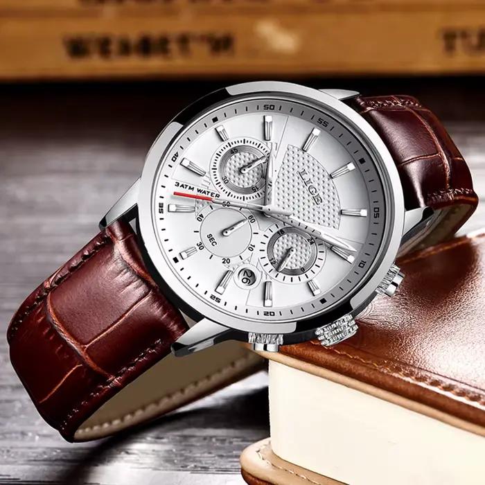 Nouvelle montre LIGE en cuir marron pour hommes, montre sportive quartz, résistante à l'eau, avec chronographe et affichage lumineux pour les occasions spéciales