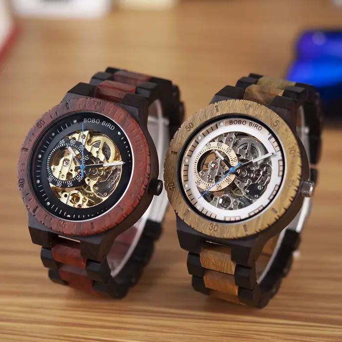BOBO BIRD Montre mécanique en bois pour hommes Montre-bracelet automatique de luxe Aiguilles lumineuses Chronographe Logo personnalisé Personnaliser Grande boîte-cadeau Support de bijoux élégant en gr
