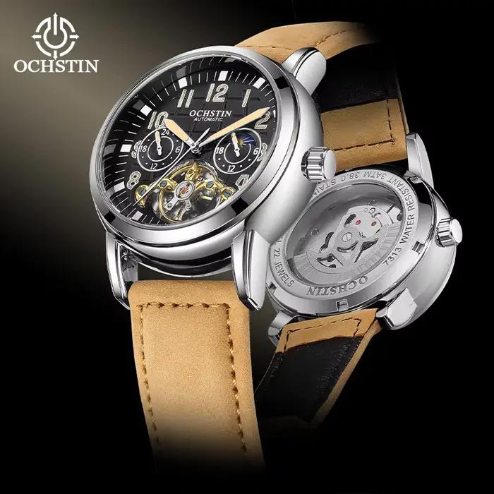 Montre Homme OCHSTIN Tourbillon GMT Automatique Mécanique Squelette Double Fuseau Horaire 24H AM/PM Indicateur Lumineux Bracelet Cuir Luxe Habillé