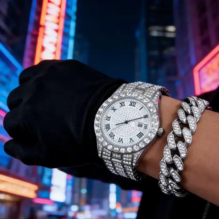 Montre en argent à quartz entièrement sertie de diamants