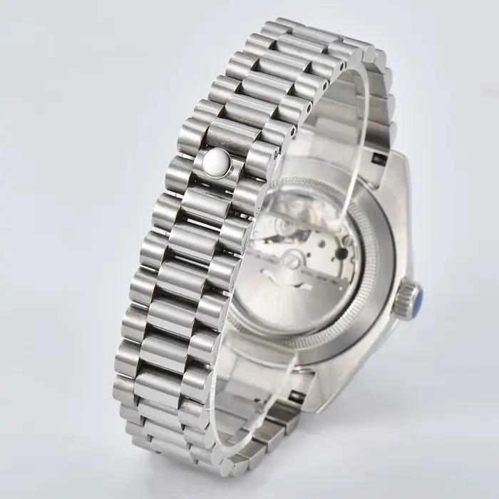 Montre 40mm hommes mouvement automatique montres mécaniques en acier inoxydable boîtier en verre saphir