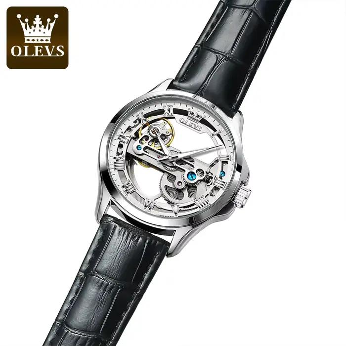 OLEVS 6661 montres automatiques bracelet en cuir creux Transparent étanche lumineux mécanique montre-bracelet pour