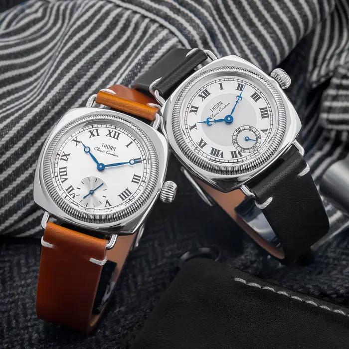 Montre THORN en forme d'oreiller avec bracelet en cuir pour homme et femme occasions spéciales quartz rétro élégante à offrir