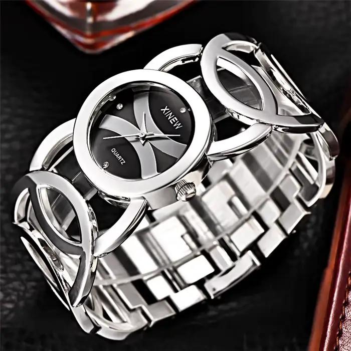 Montre XINEW 6438 pour femme, design décontracté et élégant, idéale pour toutes les occasions, bracelet en alliage doré, mouvement quartz précis