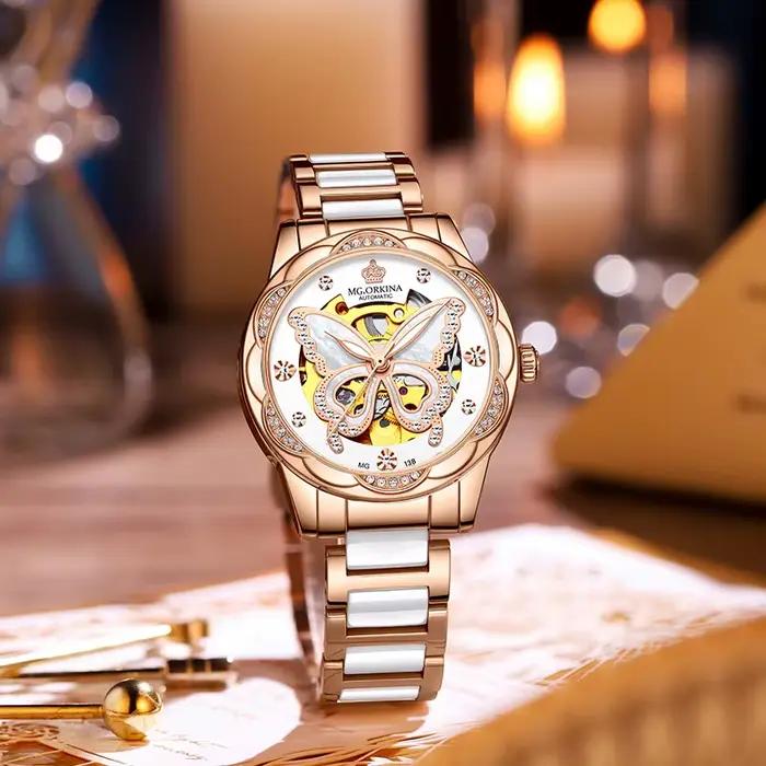 Montre-bracelet mécanique automatique creuse pour femme