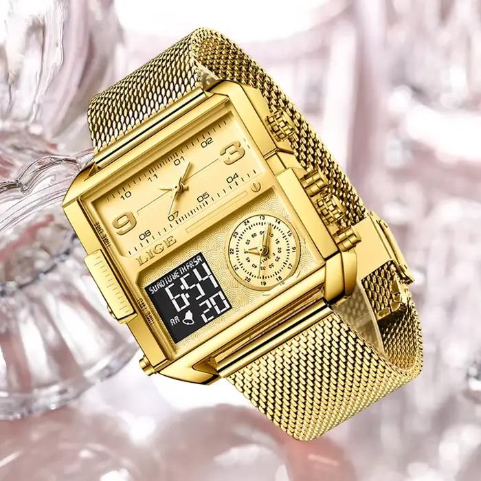 Nouvelle montre LIGE en or pour femmes, montre carrée mode double affichage, résistante à l'eau, pour occasions spéciales et quotidiennes
