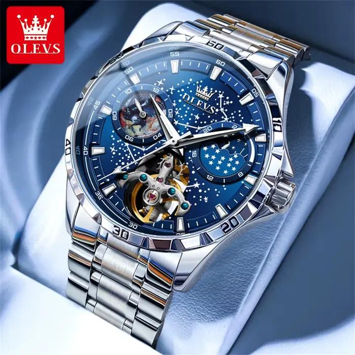 Montre OLEVS 6689 en acier inoxydable avec phase de lune et chronographe pour hommes occasions spéciales et quotidienne
