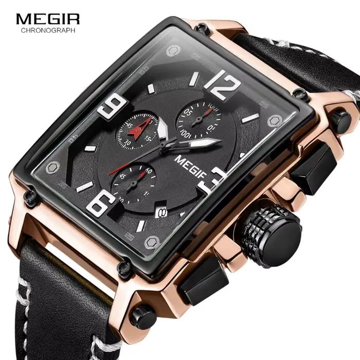 Montre-bracelet à quartz MEGIR avec bracelet en cuir pour homme, chronographe multifonctionnel, résistance à l'eau, date auto et calendrier complet, parfait pour les activités sportives et les tenues de ville