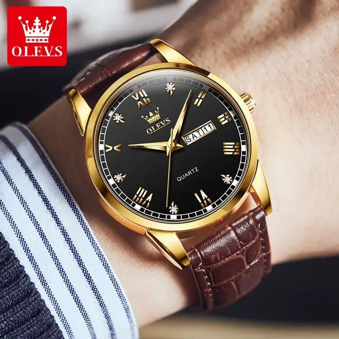 Montre-bracelet homme OLEVS 6896 Quartz élégante résistante à l'eau pour homme style moderne casual affichage double calendrier et chiffres romains occassions variées