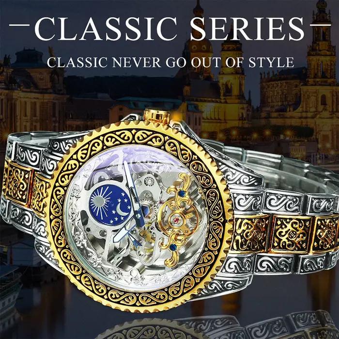WINNER luxe Phase de lune Tourbillon squelette montres mécaniques or gravé automatique hommes montre bracelet en acier inoxydable lumineux