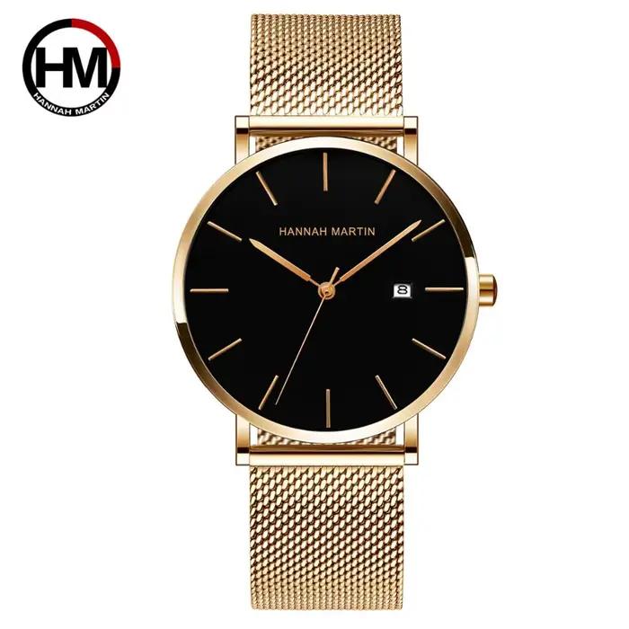 Japon Quartz calendrier mouvement Ultra mince classique doré noir bracelet en acier inoxydable étanche hommes Top marque montres de luxe