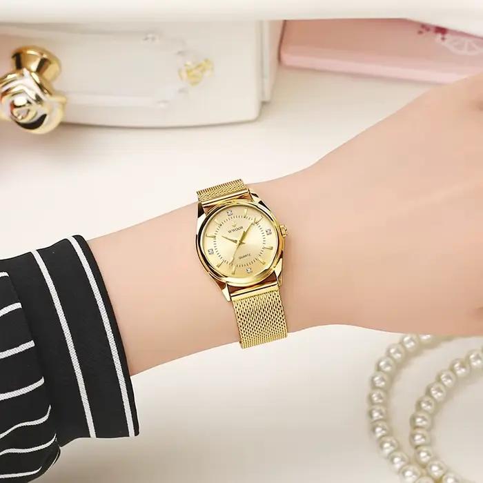 WWOOR marque de luxe robe montre en or dames élégant diamant petites montres à Quartz pour femmes en acier maille horloge zegarek damski