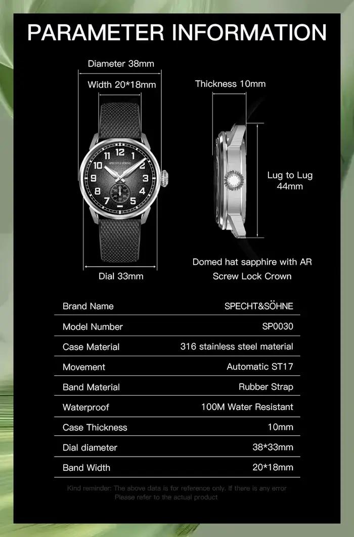 Specht & Söhne nouvelles montres mécaniques automatiques pour hommes japon C3 montre de sport en cristal saphir lumineux ﻿ 5Bar étanche