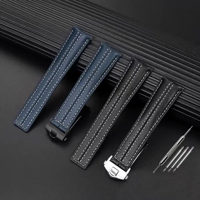 Bracelet de montre en cuir véritable noir de haute qualité