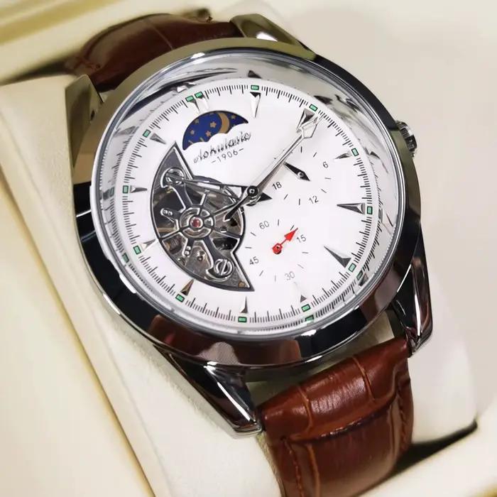 Montre mécanique AOKULASIC avec tourbillon, résistance aux chocs et affichage lumineux pour homme, cuir et acier inoxydable, parfait pour occasions spéciales et quotidien
