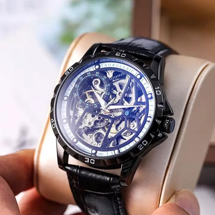 Montre mécanique automatique homme boîtier alliage lumineux bracelet cuir véritable cadran squelette résistance à l'eau occassions spéciales