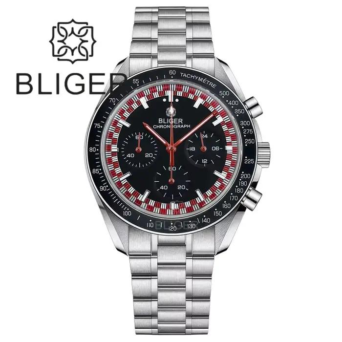 BLIGER 39mm Vintage lune chronographe montre pour hommes VK63 mouvement à Quartz en acier inoxydable bulle cristal étanche vert lumineux
