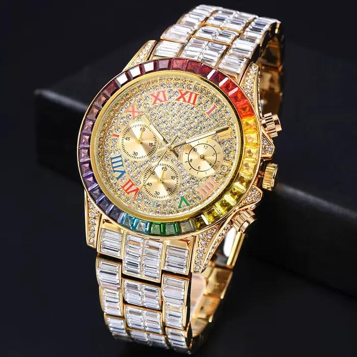 Montres-bracelets à quartz homme chronographe résistante à l'eau arc-en-ciel multicolore acier inoxydable occassions spéciales