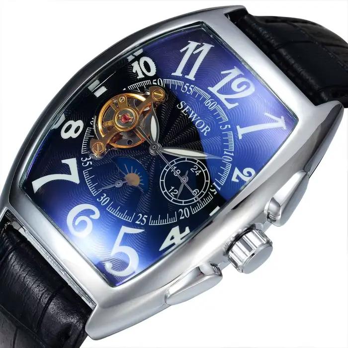 Montre SEWOR en acier inoxydable avec mouvement automatique pour homme, design tonneau, fonction lumineuse et résistance aux chocs, idéale pour toutes les occasions
